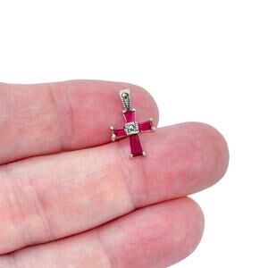 Estate Sterling Silver 925 Lab-Created Ruby Marcasite Cross Pendant